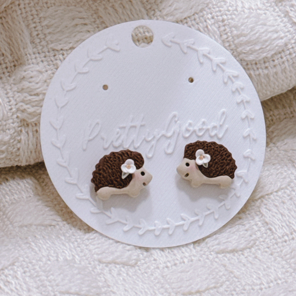 Hedgehog Earrings, Polymer Clay Animal Studs, Cute Woodland Jewelry with Flower Detail, Gift for Her, Handmade