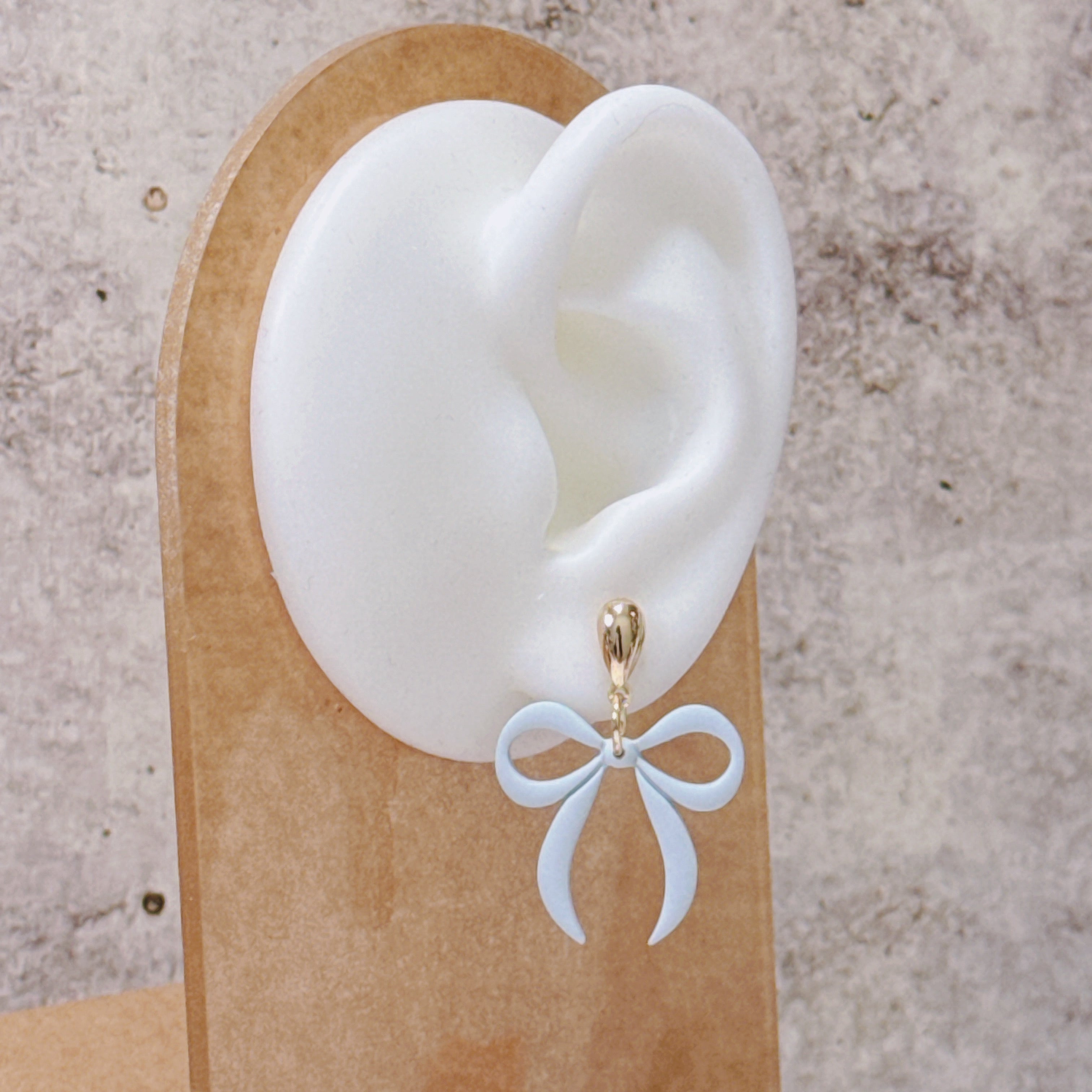 Polymer Clay Ribbon Bow Dangle Earrings – Soft Blue & Sand