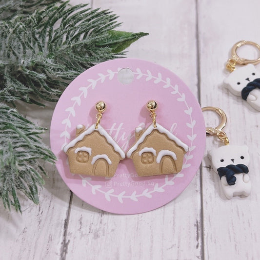 Gingerbread House Dangle, Christmas Earrings, Handmade Polymer Clay Earrings, Made in SG