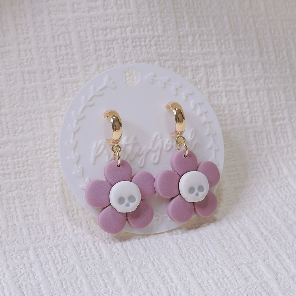 Spooky Flower Skull Earrings Pink Purple Polymer Clay Huggies Handmade, Summerween, Halloween, Gift for Her