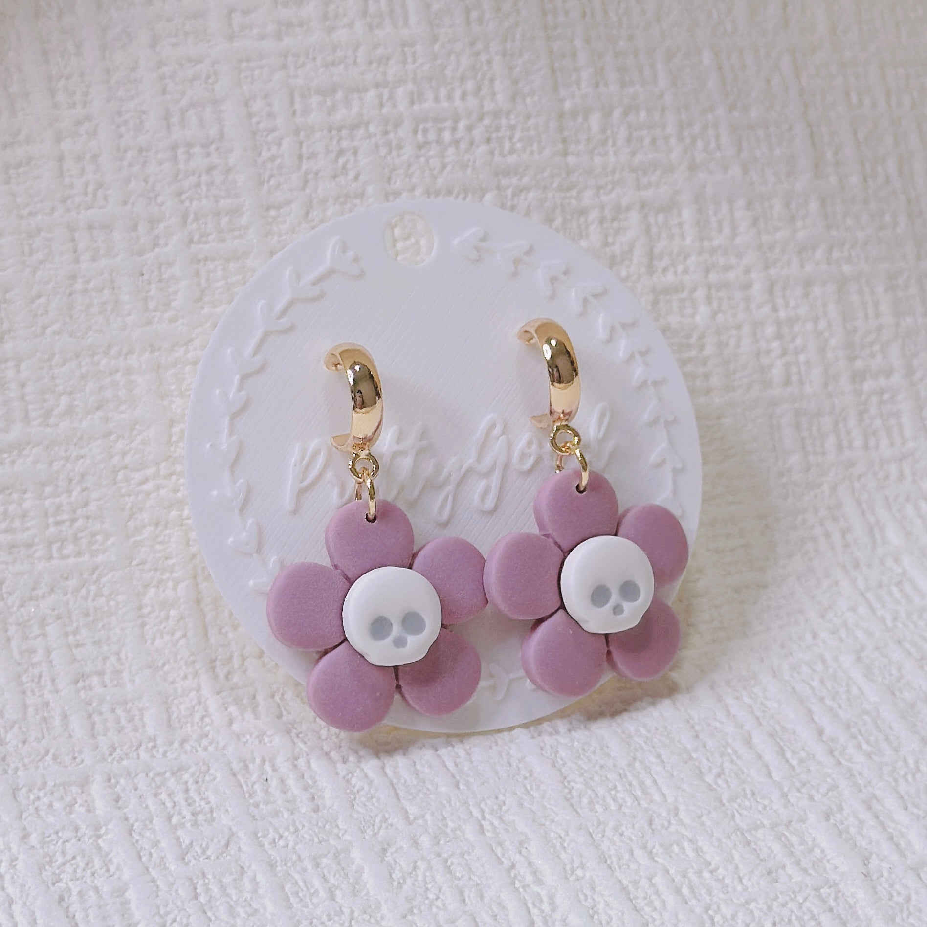 Spooky Flower Skull Earrings Pink Purple Polymer Clay Huggies Handmade, Summerween, Halloween, Gift for Her