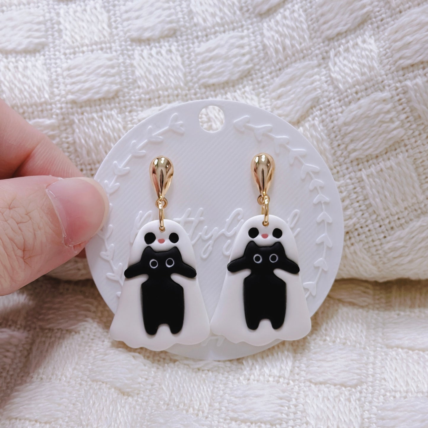 Handcrafted Ghost Hugging Black Cat Dangle Earrings – Cute Polymer Clay Halloween Jewelry
