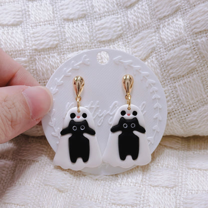 Handcrafted Ghost Hugging Black Cat Dangle Earrings – Cute Polymer Clay Halloween Jewelry