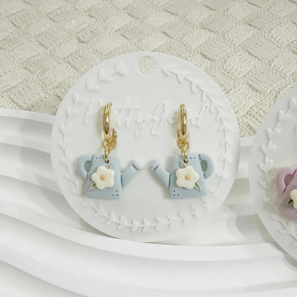 Floral Watering Can Polymer Clay Earrings | Cute Garden Dangle | Handmade Pastel Jewelry