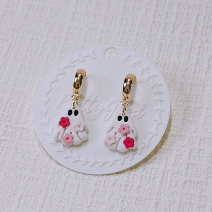 Handcrafted Floral Ghost Earrings, Cute Summerween & Halloween Huggies, Gift for Her