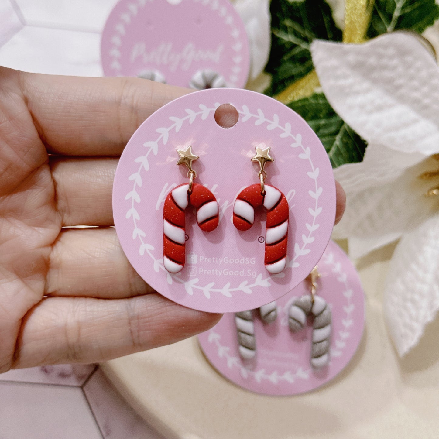 Christmas Candy Cane Earrings, Handmade in Singapore, Polymer Clay Earrings, Gift for Her