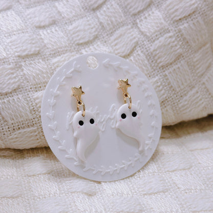 Handcrafted Starry Ghost Dangle Earrings – Cute White Polymer Clay Halloween Jewelry