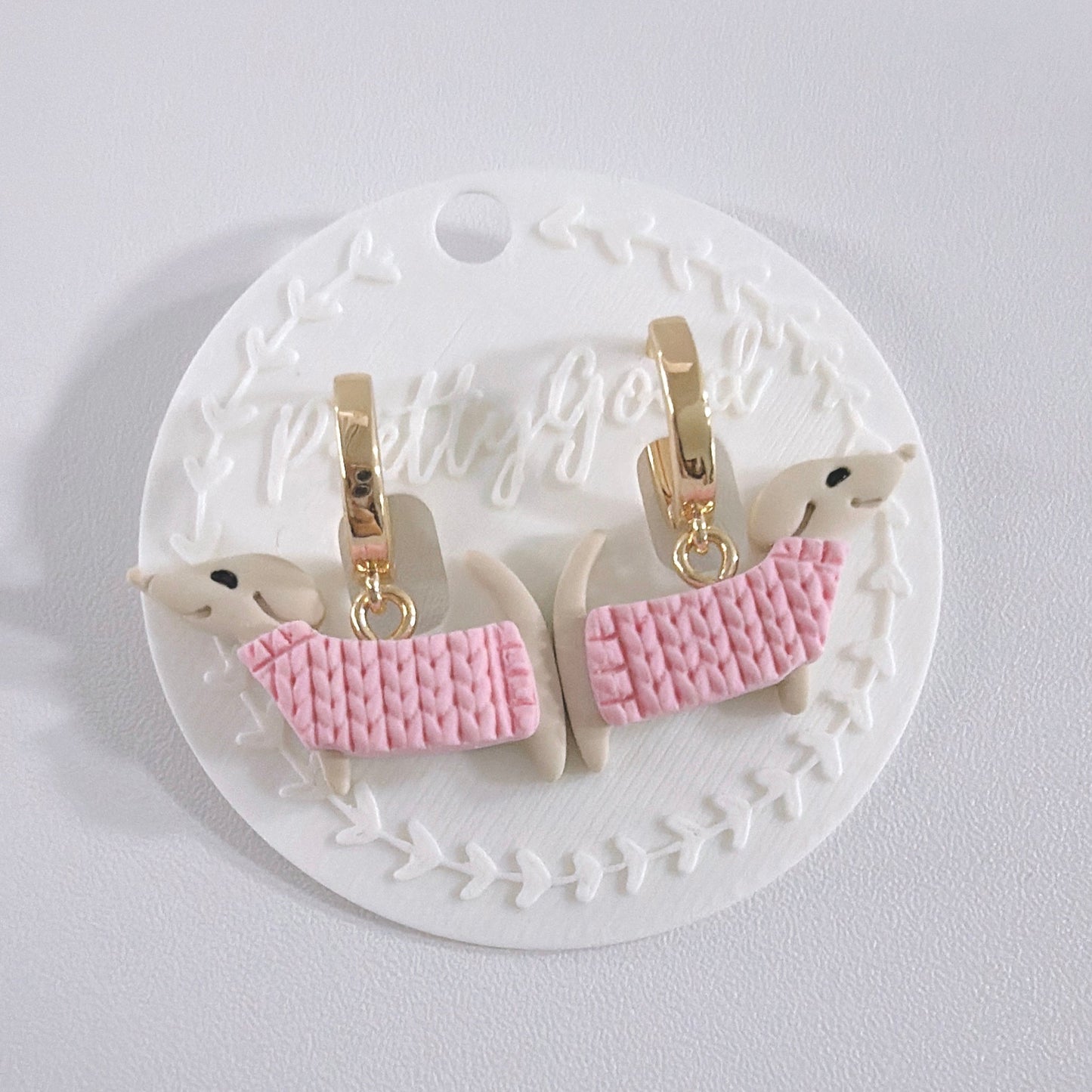 Dachshund Knit Dangle Earrings | Handmade Polymer Clay Sausage Dog Earrings | Cute Gift for Her