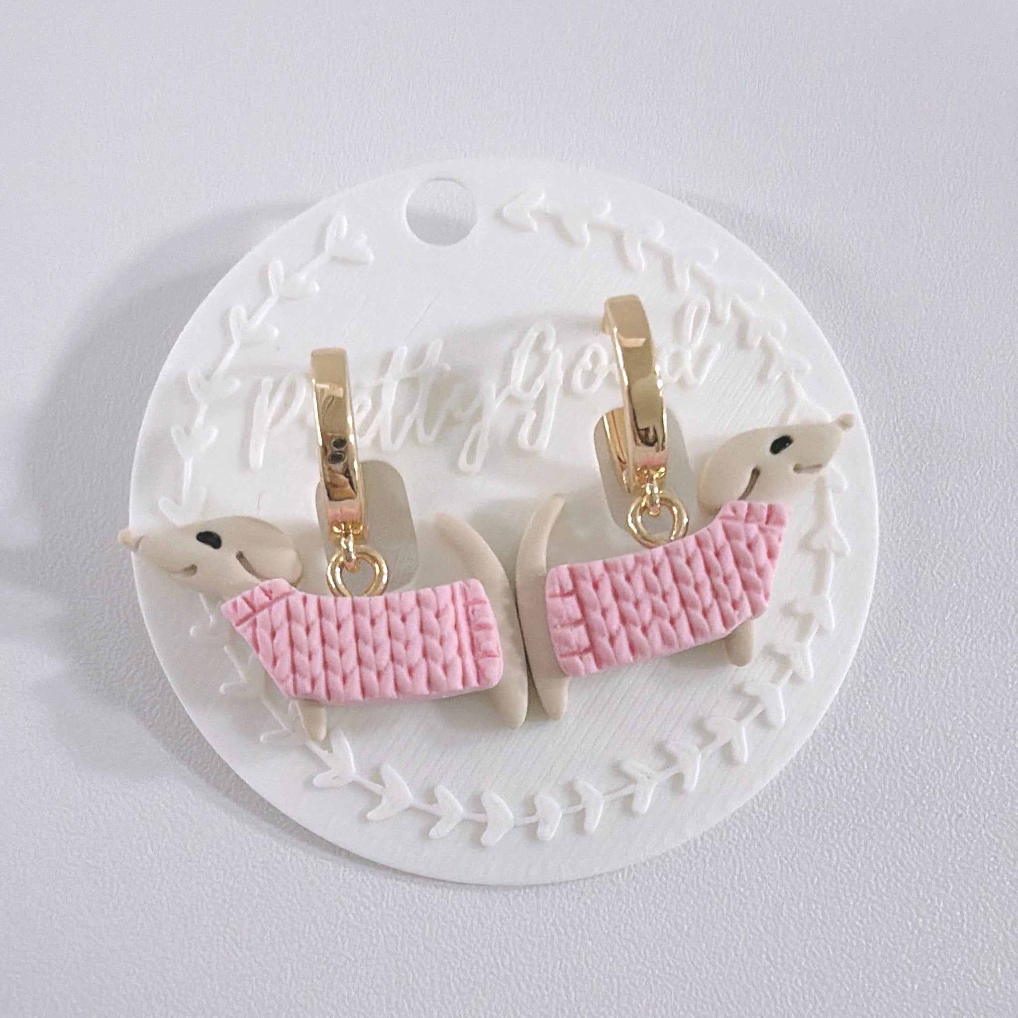 Dachshund Knit Dangle Earrings | Handmade Polymer Clay Sausage Dog Earrings | Cute Gift for Her