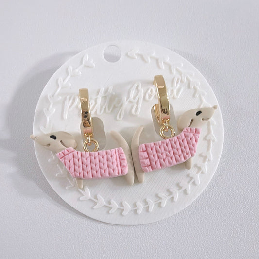 Dachshund Knit Dangle Earrings | Handmade Polymer Clay Sausage Dog Earrings | Cute Gift for Her
