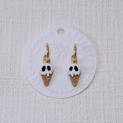 Handcrafted Ghost Ice Cream Earrings, Spooky Cute Summerween Huggies, Gift for Her