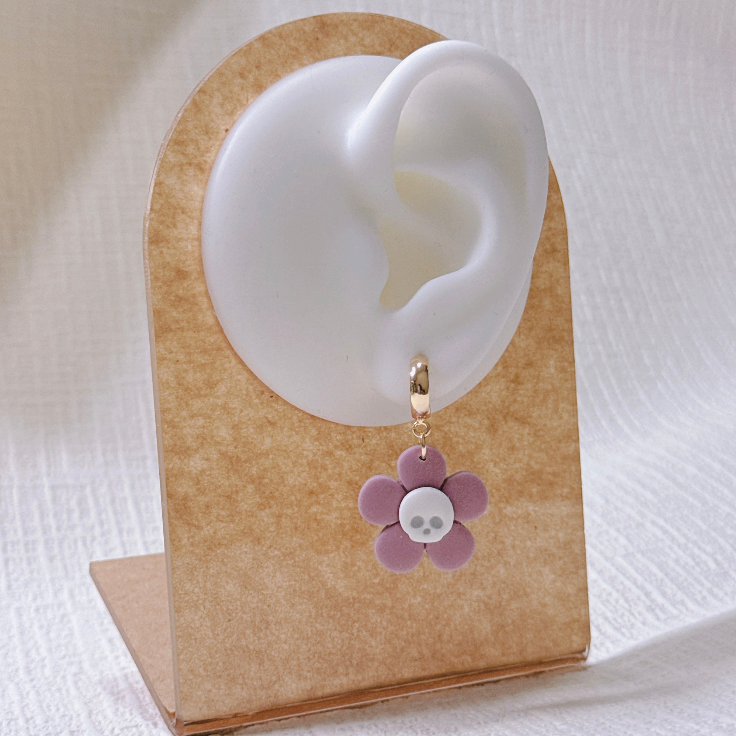 Spooky Flower Skull Earrings Pink Purple Polymer Clay Huggies Handmade, Summerween, Halloween, Gift for Her