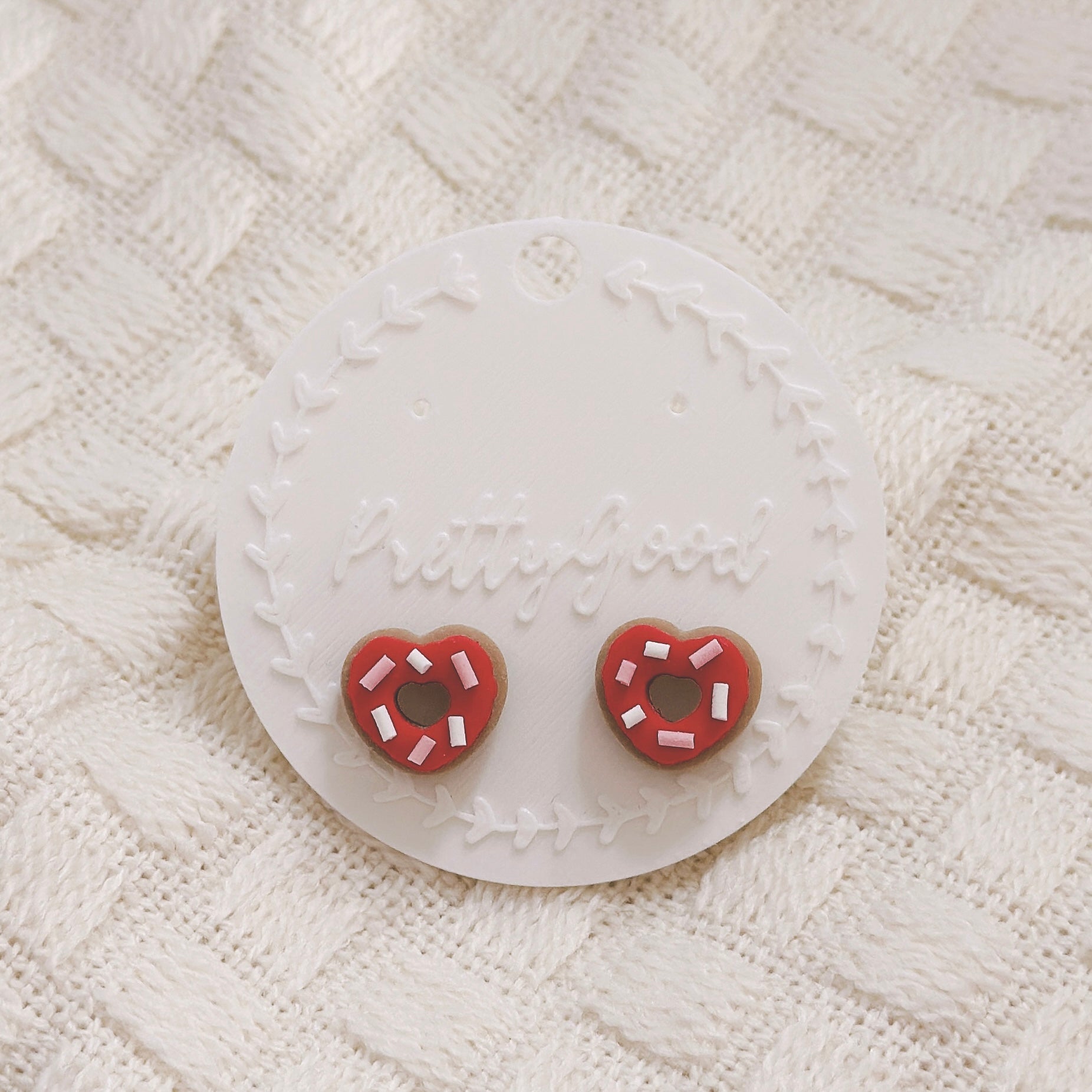Heart Donut Stud Earrings – Handmade Polymer Clay Donut Earrings in Pink or Red Icing with Sprinkles, Cute Food-Inspired
