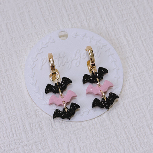 Handcrafted Summerween Bat Earrings, Cute Pink & Black Bat Huggies