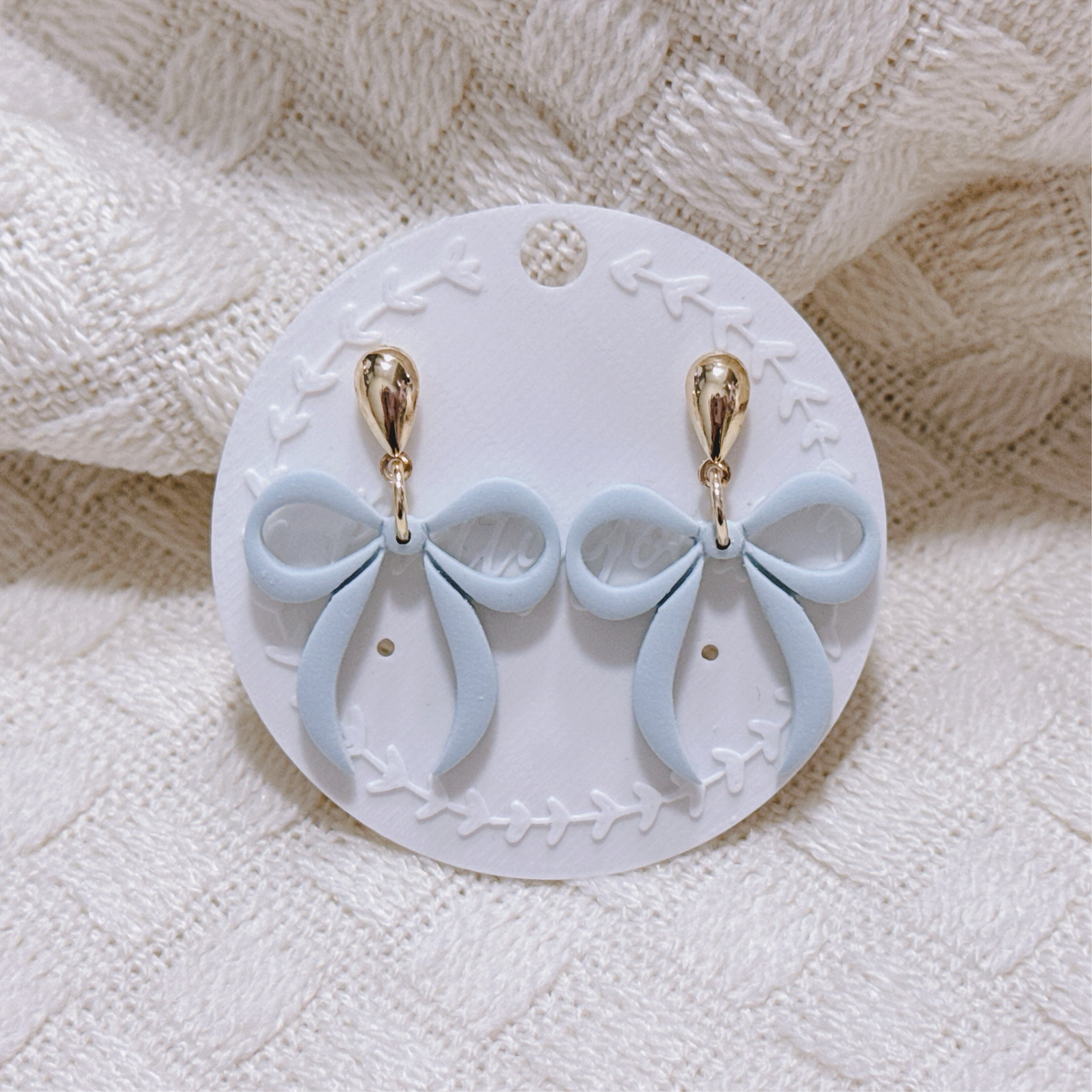 Polymer Clay Ribbon Bow Dangle Earrings – Soft Blue & Sand