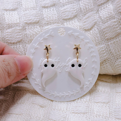 Handcrafted Starry Ghost Dangle Earrings – Cute White Polymer Clay Halloween Jewelry