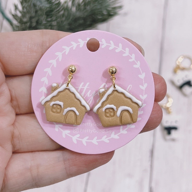 Gingerbread House Dangle, Christmas Earrings, Handmade Polymer Clay Earrings, Made in SG