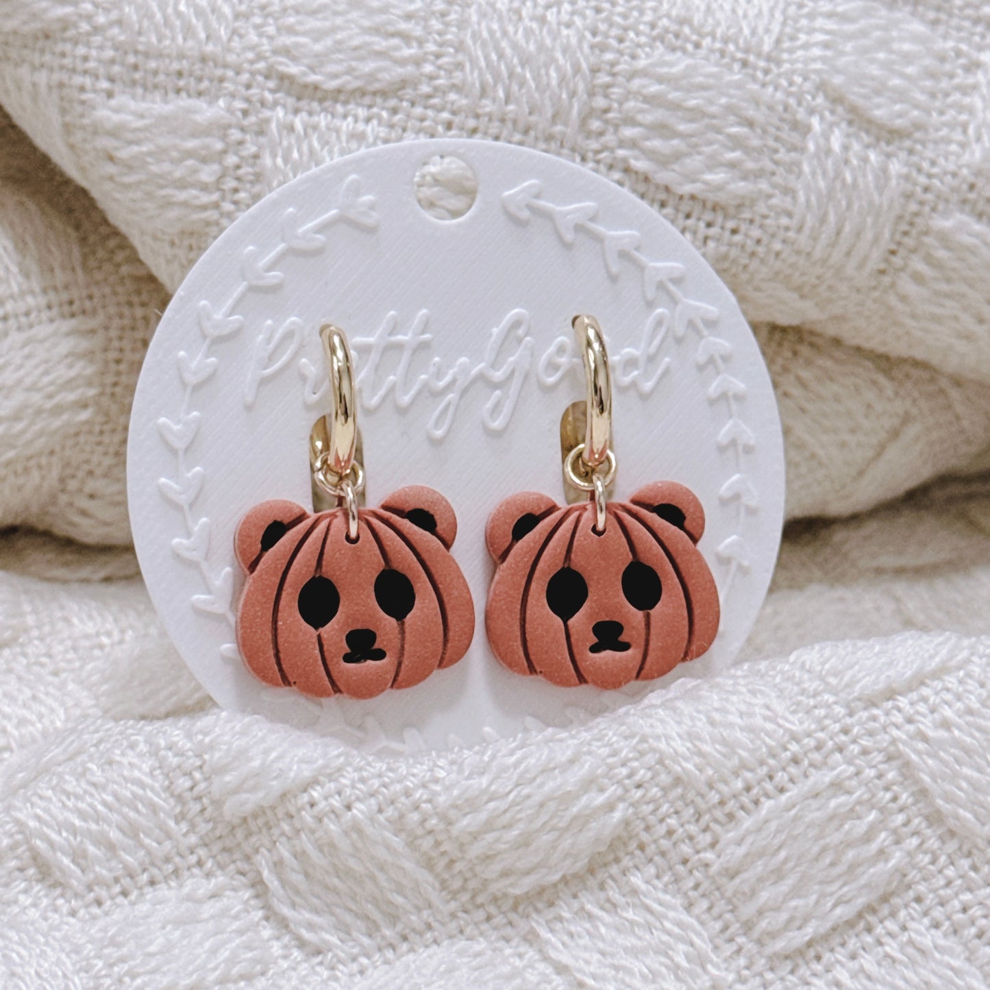 Pumpkin Bear Earrings, Handmade Polymer Clay Halloween Huggies, 14K Gold Plated Cute Spooky Jewelry, Gift for Her
