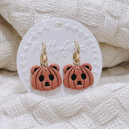 Pumpkin Bear Earrings, Handmade Polymer Clay Halloween Huggies, 14K Gold Plated Cute Spooky Jewelry, Gift for Her