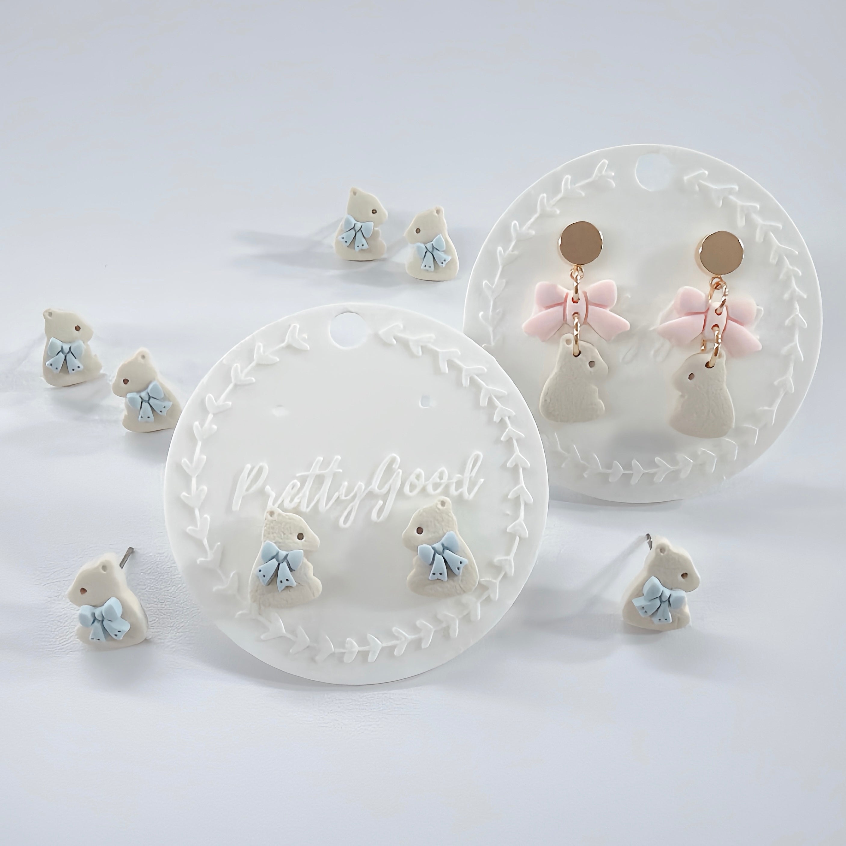 Mini Bear Polymer Clay Stud Earrings | Cottagecore Bow Bear | Handmade Garden Jewelry