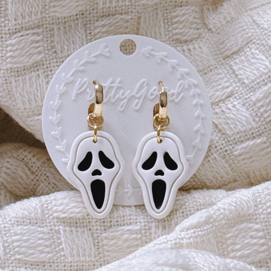 Scream Ghost Face Earrings, Handmade Polymer Clay Dangle Huggies, Spooky Cute Halloween Jewelry