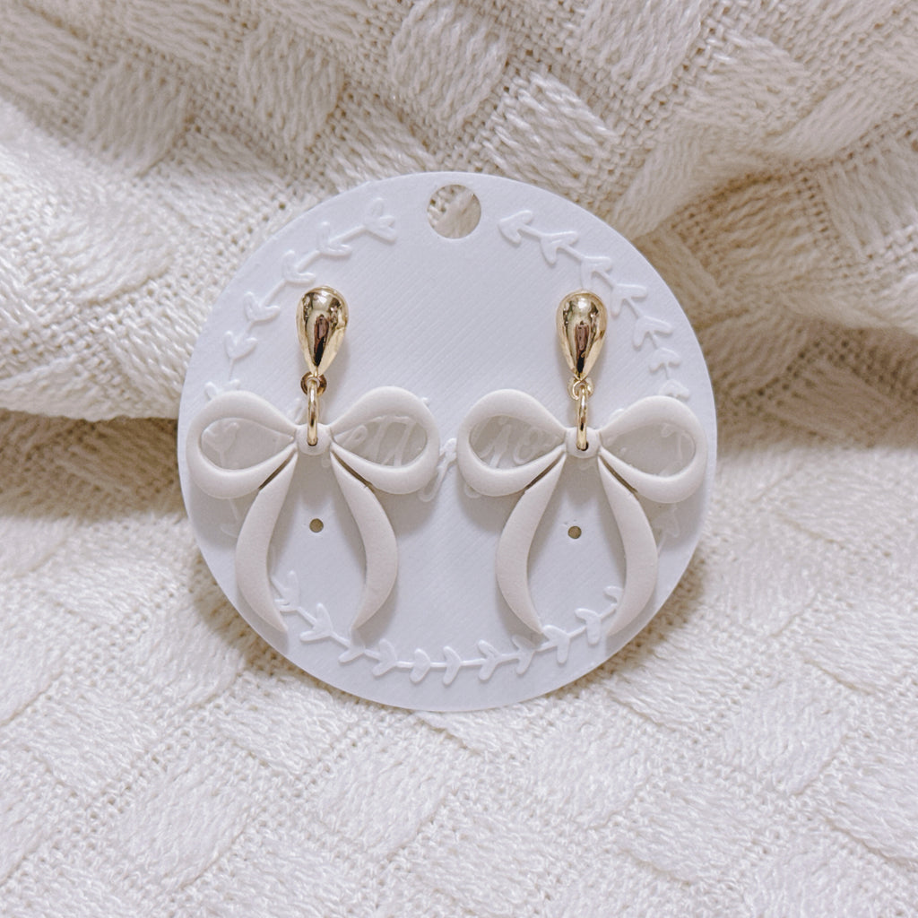 Polymer Clay Ribbon Bow Dangle Earrings – Soft Blue & Sand