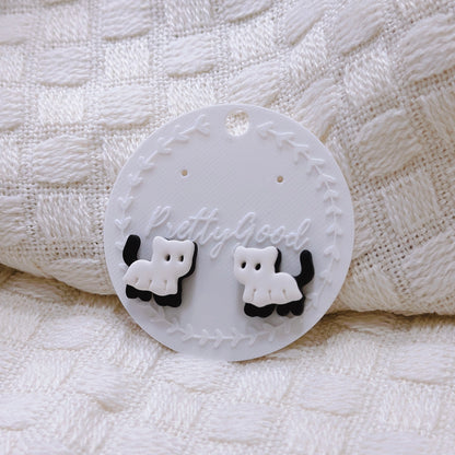 Handcrafted Ghost Cat Stud Earrings – Cute Black and White Polymer Clay Halloween Jewelry