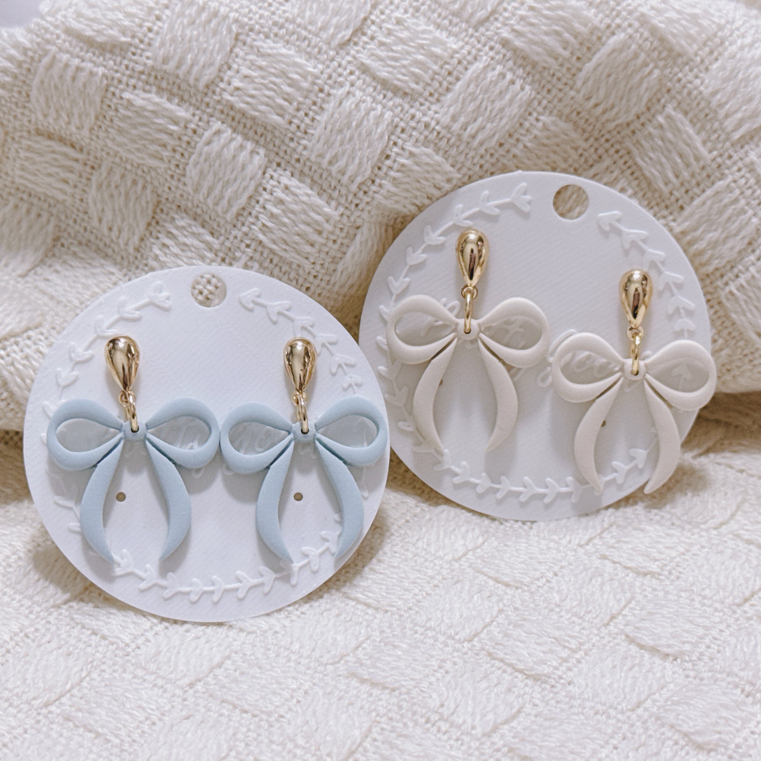 Polymer Clay Ribbon Bow Dangle Earrings – Soft Blue & Sand