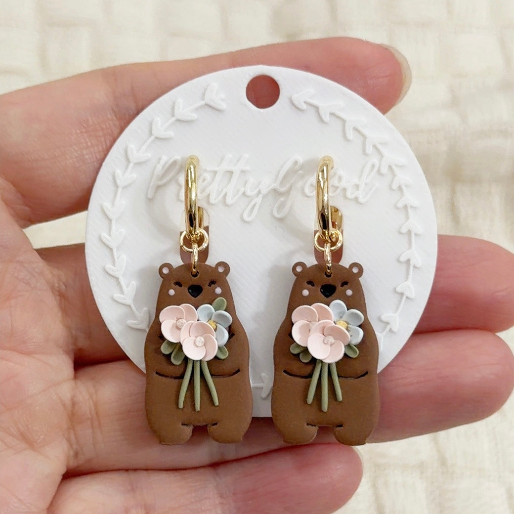 Floral Bear Huggie Earrings Cute Bear With Flower Bouquet 18K Gold Plated Dangle Earrings Handmade Polymer Clay