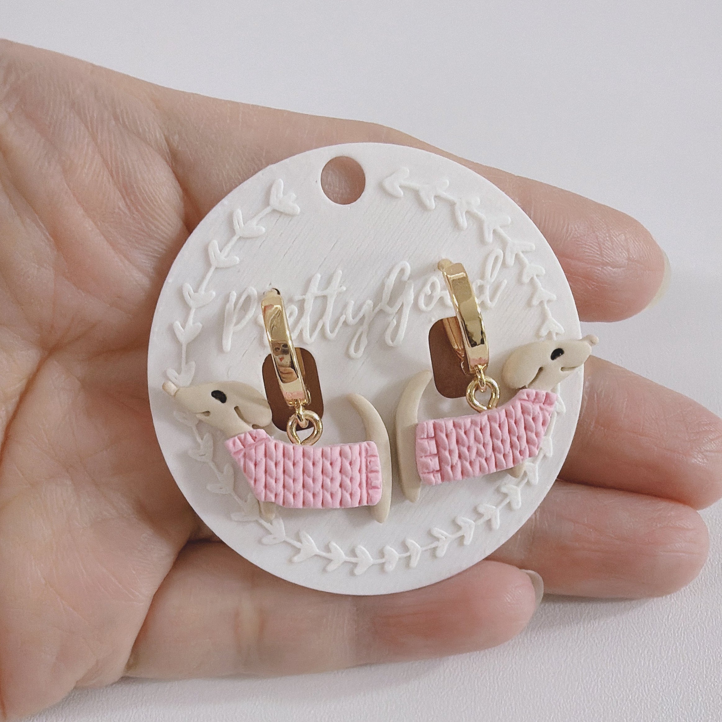 Dachshund Knit Dangle Earrings | Handmade Polymer Clay Sausage Dog Earrings | Cute Gift for Her