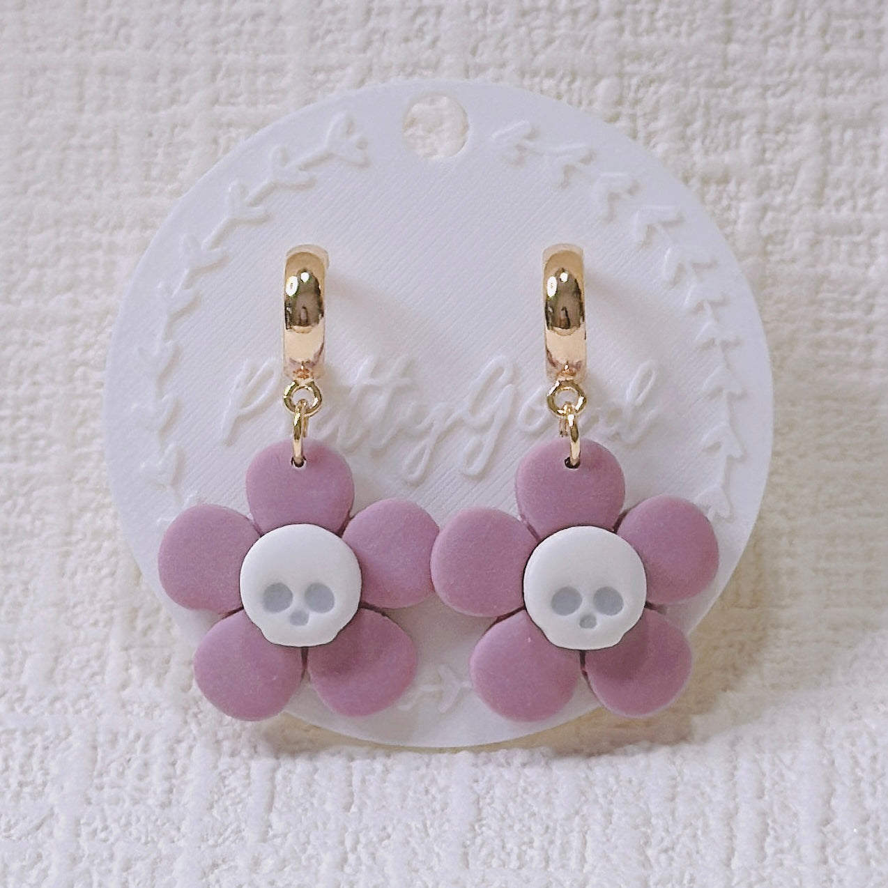Spooky Flower Skull Earrings Pink Purple Polymer Clay Huggies Handmade, Summerween, Halloween, Gift for Her