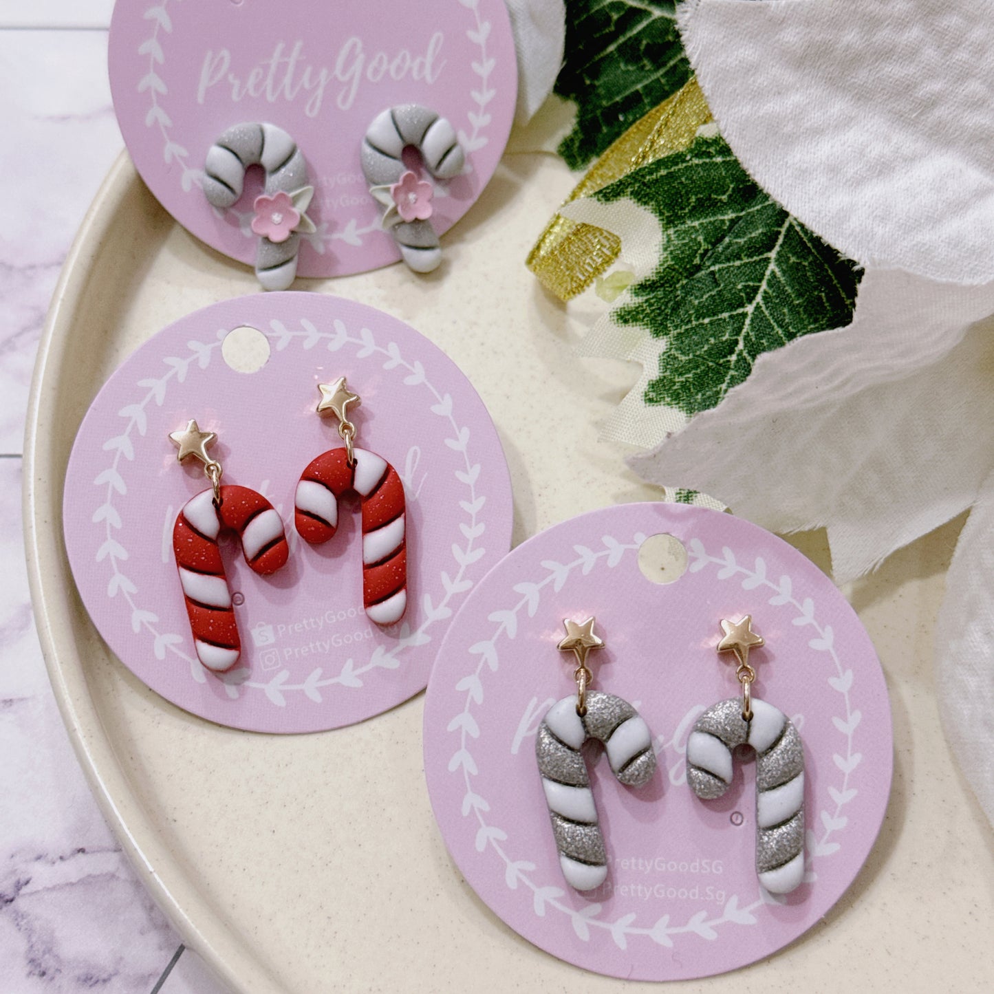 Christmas Candy Cane Earrings, Handmade in Singapore, Polymer Clay Earrings, Gift for Her