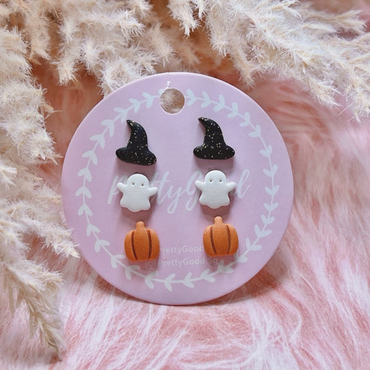 Mini Halloween Studs, Pumpkin, Witch Hat, Boo, Handmade Earrings