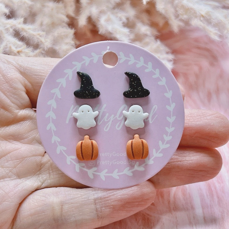 Mini Halloween Studs, Pumpkin, Witch Hat, Boo, Handmade Earrings