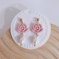 Abstract Rose with Fresh Water Pearl Dangle Earrings, Handmade in SG