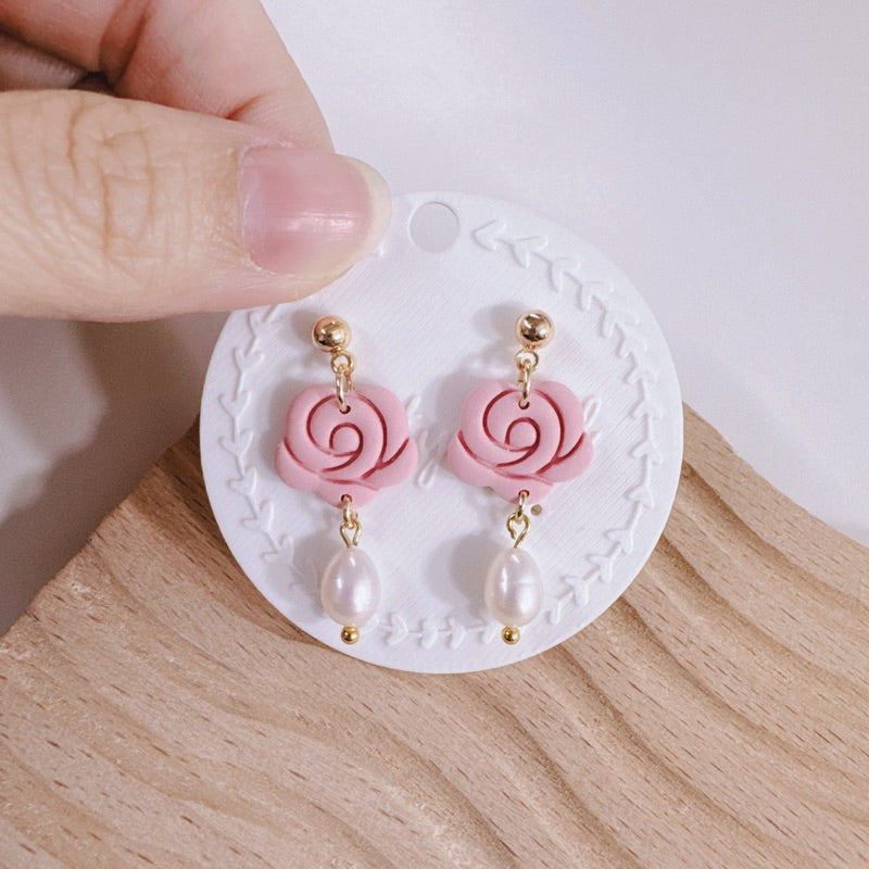 Abstract Rose with Fresh Water Pearl Dangle Earrings, Handmade in SG