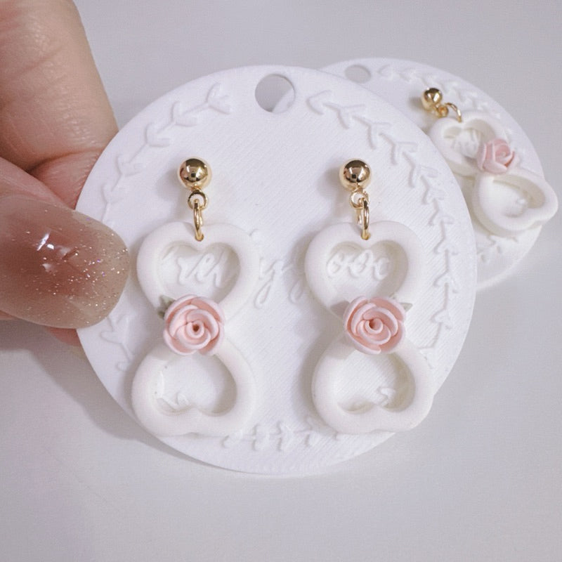 Heart Rose Dangle Earrings | Handmade Polymer Clay Floral Earrings | Romantic White Heart Earrings