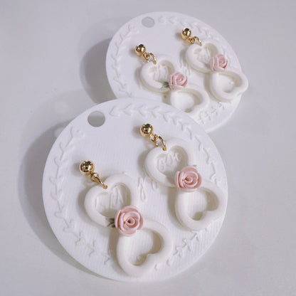 Heart Rose Dangle Earrings | Handmade Polymer Clay Floral Earrings | Romantic White Heart Earrings