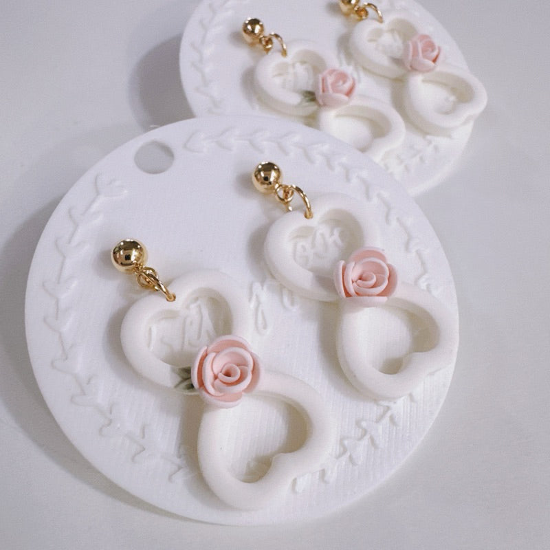 Heart Rose Dangle Earrings | Handmade Polymer Clay Floral Earrings | Romantic White Heart Earrings