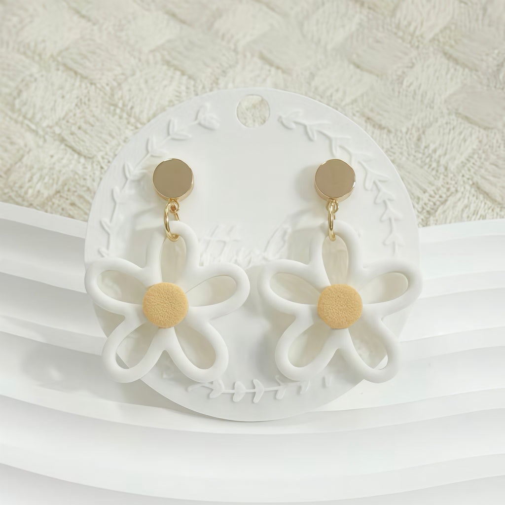 Hollow Daisy Outline Polymer Clay Earrings | Minimal White Floral Dangle | Handmade Lightweight Jewelry