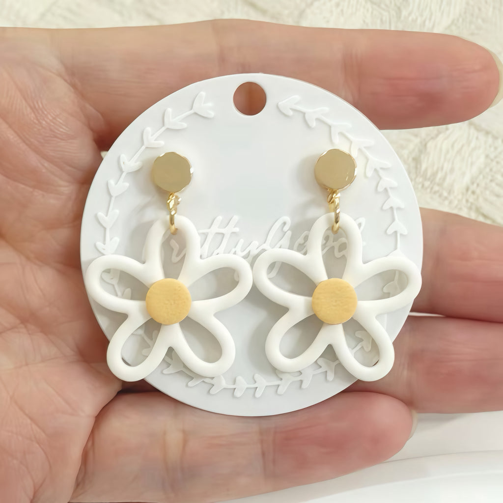Hollow Daisy Outline Polymer Clay Earrings | Minimal White Floral Dangle | Handmade Lightweight Jewelry