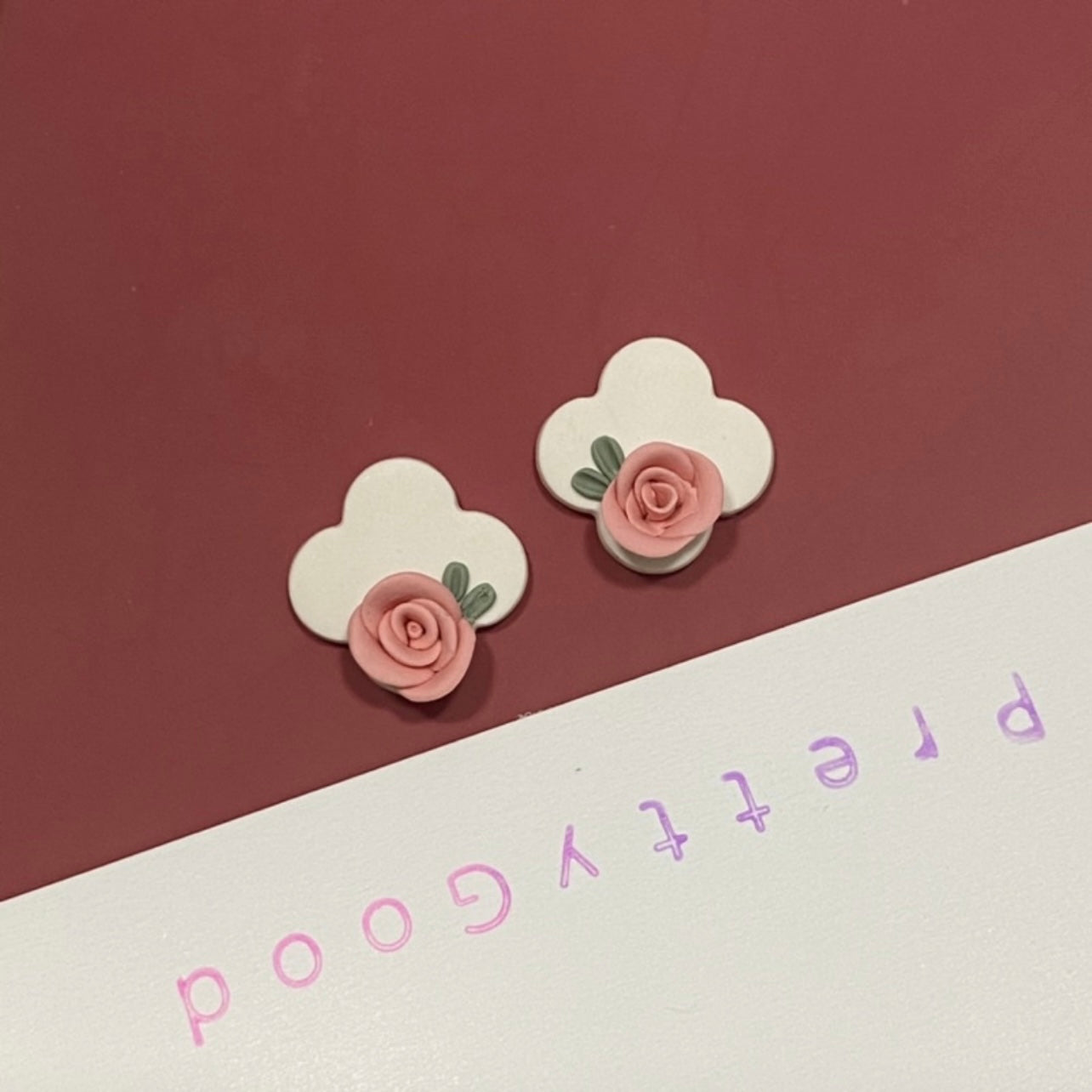 Rose Studs - Handmade In 🇸🇬, Chic Retro Vintage Elegant Rose Earrings, White Pink Studs, Trendy Dainty Small Studs