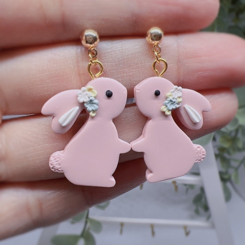 Floral Bunny Dangle Earrings, Handcrafted in Sg, Pink Bunnies Earrings, Gift for Her