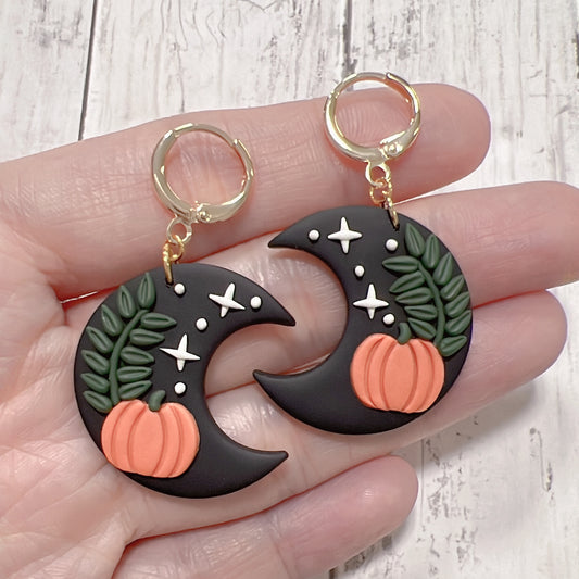 Halloween Night Earrings, Handcrafted Pumpkin Dangle Earrings, Starry Night Huggies, Gift for Her, Handcrafted in SG