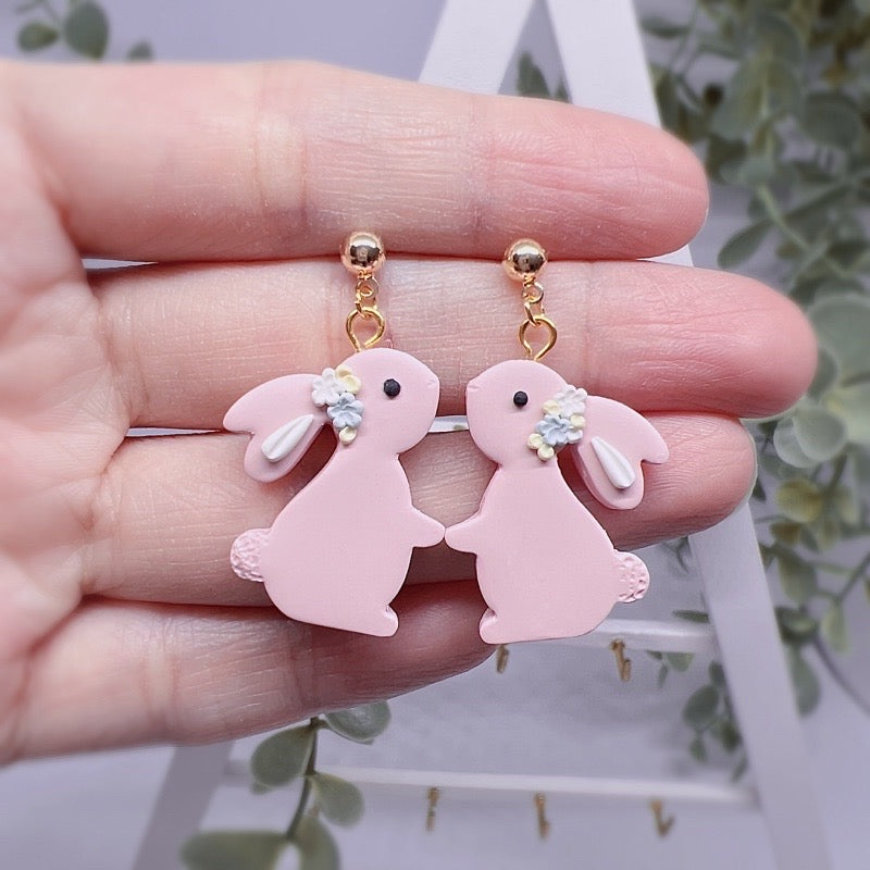 Floral Bunny Dangle Earrings, Handcrafted in Sg, Pink Bunnies Earrings, Gift for Her