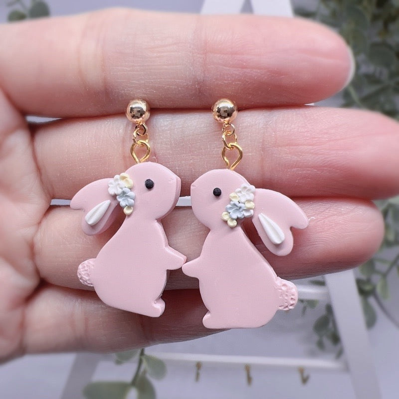 Floral Bunny Dangle Earrings, Handcrafted in Sg, Pink Bunnies Earrings, Gift for Her