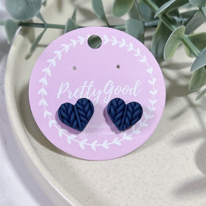 Handmade Knitted Heart Stud Earrings | Polymer Clay Heart Studs | Minimal Everyday Earrings