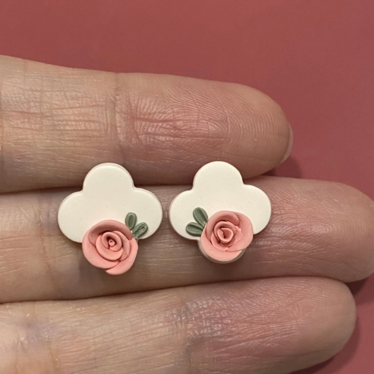 Rose Studs - Handmade In 🇸🇬, Chic Retro Vintage Elegant Rose Earrings, White Pink Studs, Trendy Dainty Small Studs