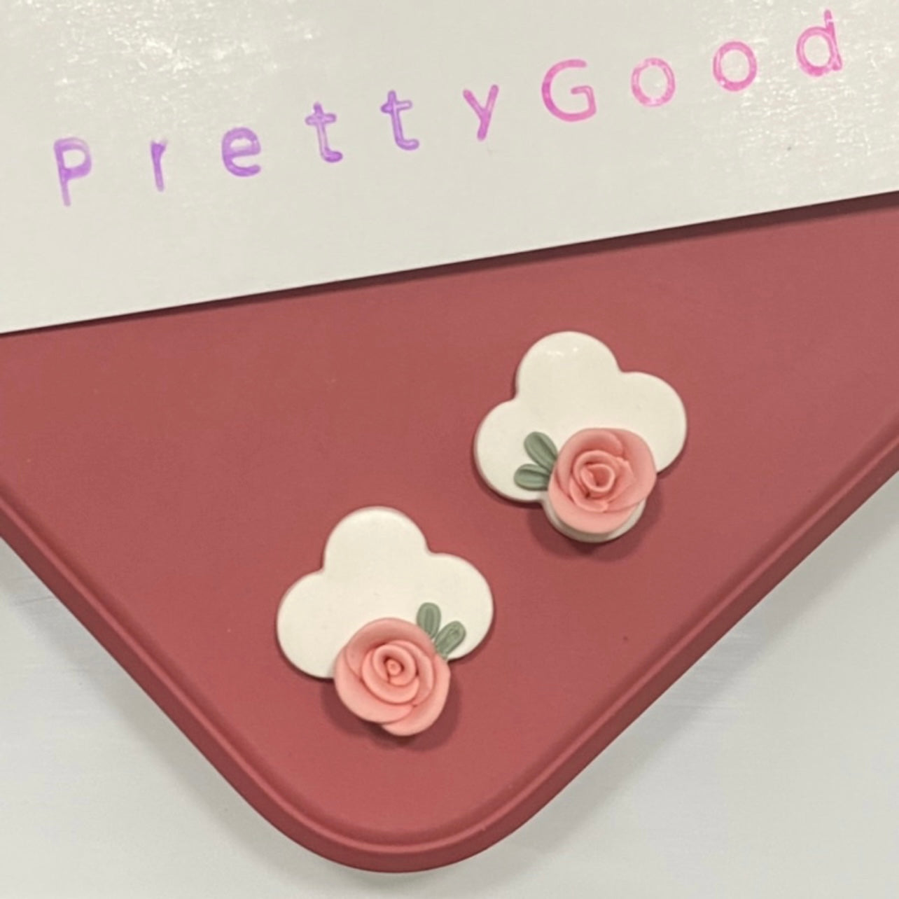 Rose Studs - Handmade In 🇸🇬, Chic Retro Vintage Elegant Rose Earrings, White Pink Studs, Trendy Dainty Small Studs