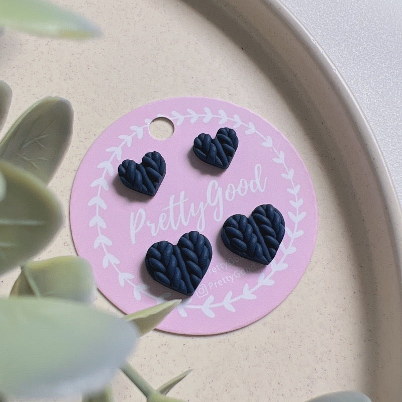 Knitted Hearts Blue Studs, Handmade Gift for Her